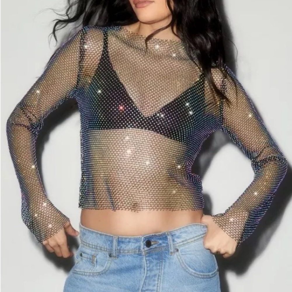 Black Sheer Rhinestone Mesh Long Sleeve Top